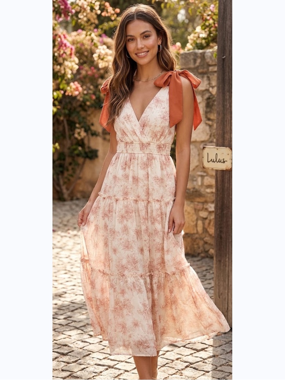 Lulu's Cream Floral Maxi Dress with Rust Tie Shoulders